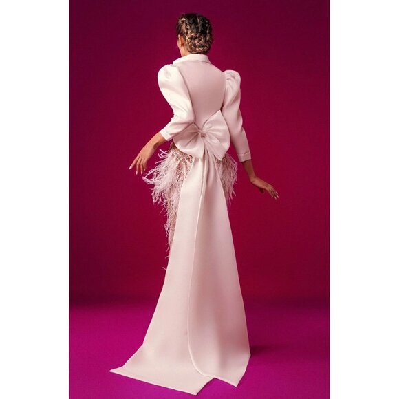 Marwan Midi Dress with Feathered Skirt and Sweep Train - Picture 2 of 7